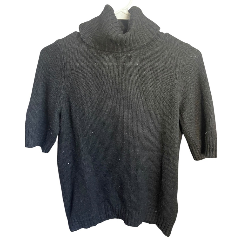 Anthropologie Black Short Sleeve Turtleneck Sweater Ribbed Knit Made in Italy
